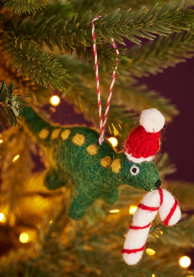 Felt Dinosaur with Candy Cane Christmas Decoration