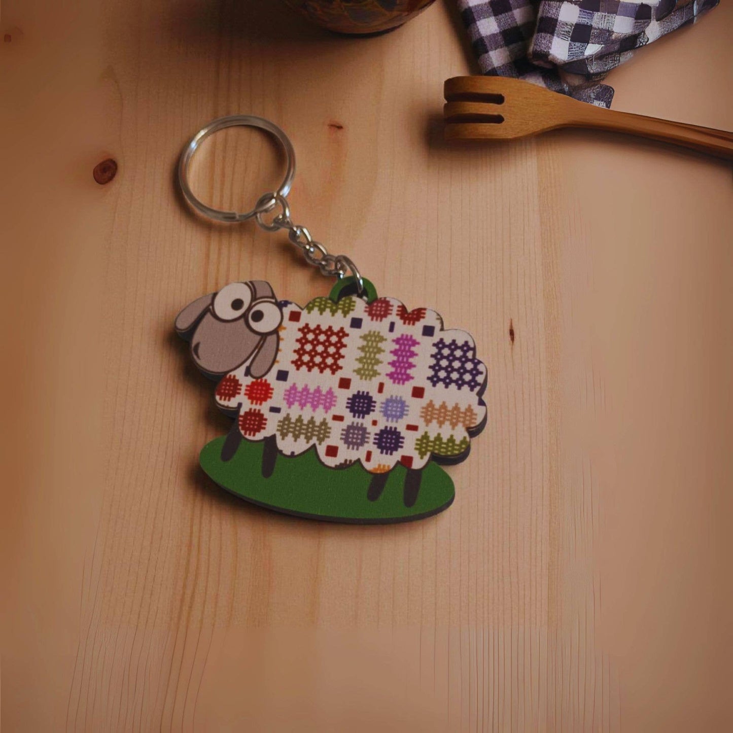 Rainbow Welsh tapestry Wooden sheep key chain