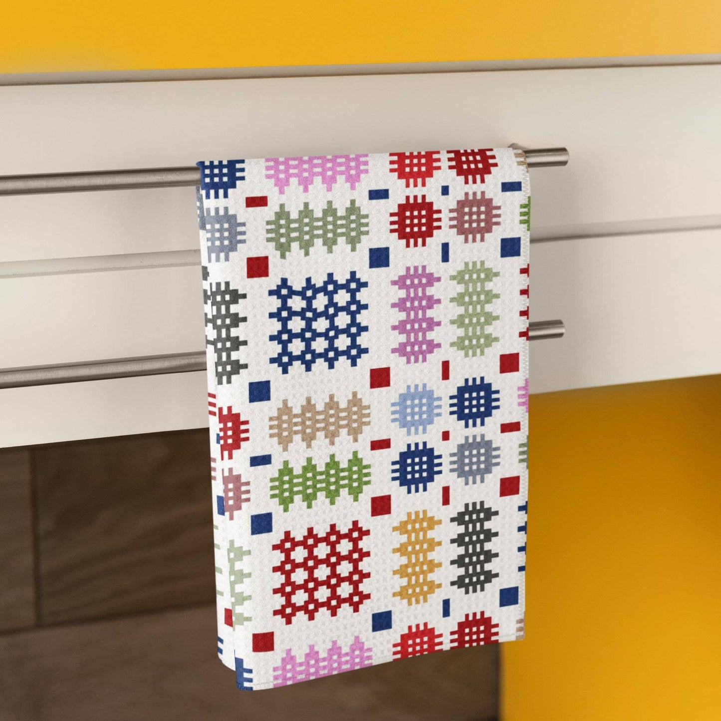 Waffle Tea Towel with a Multi Coloured Welsh Tapestry Design