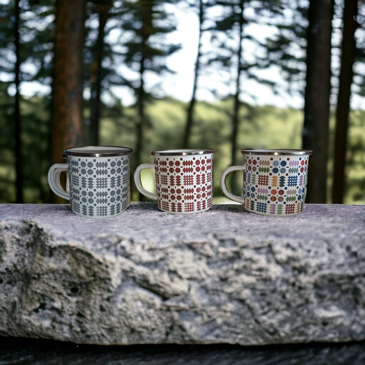 Enamel Mug with a Grey Welsh Tapestry Blanket Design