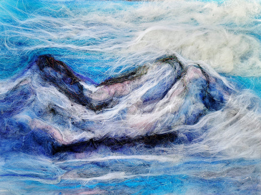 Abstract art of a mountain with blue and white tones