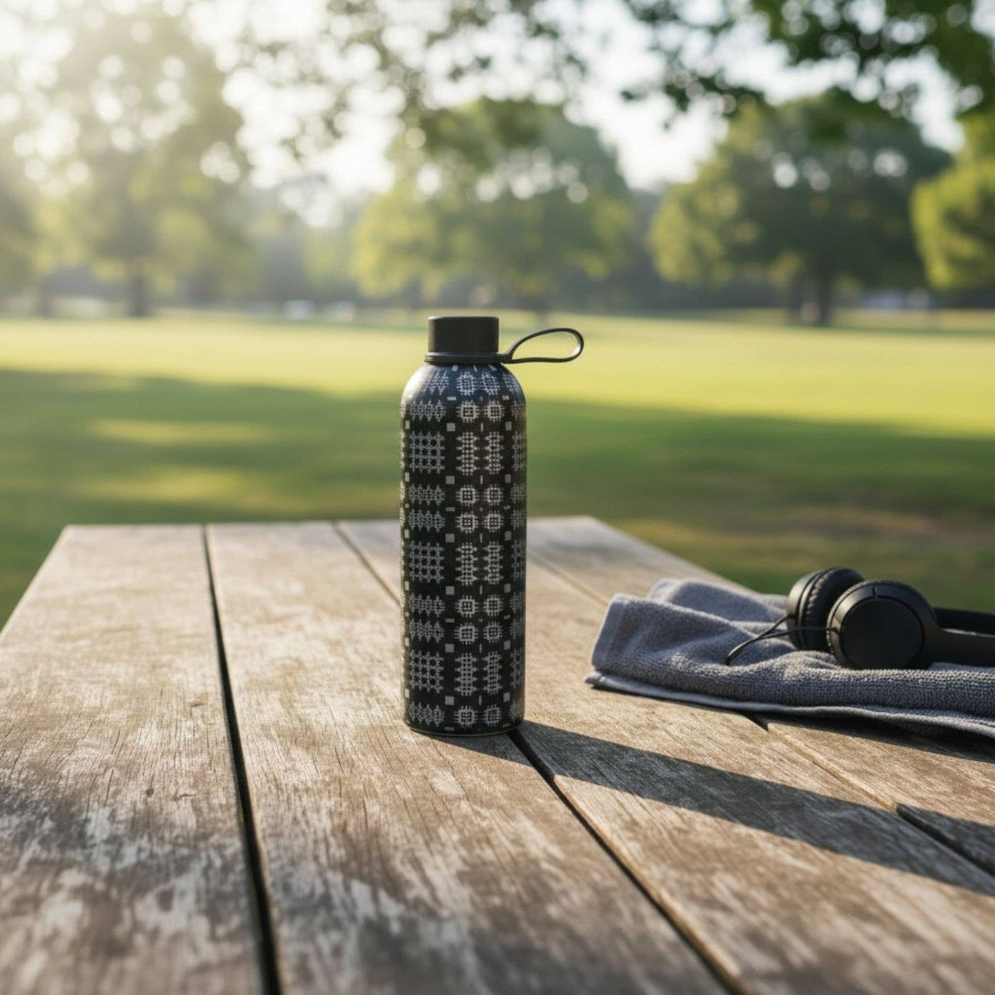 Insulated Water Bottle - Black and Grey Tapestry Design