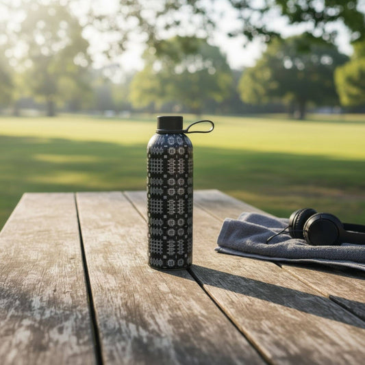 Insulated Water Bottle - Black and Grey Tapestry Design