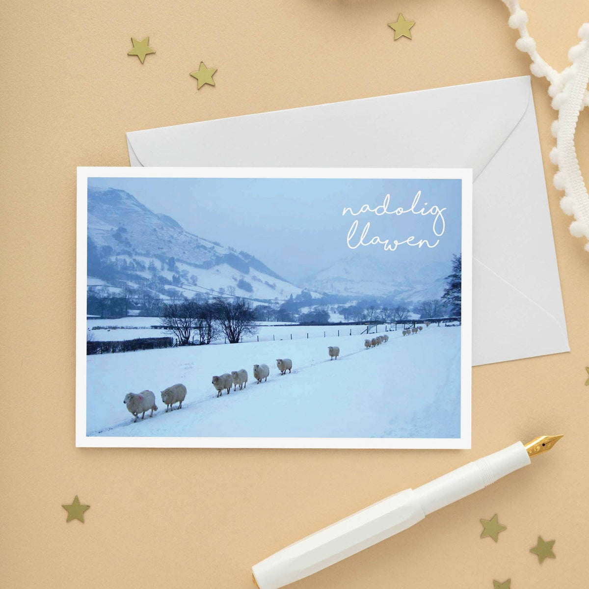 Welsh Christmas card 'Nadolig Llawen' Sheep - white