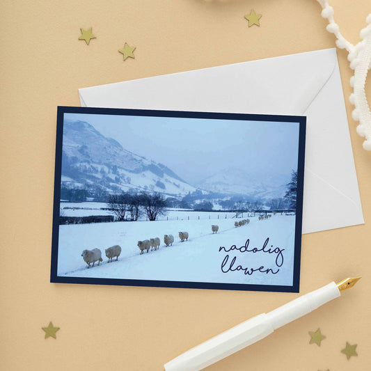 Welsh Christmas card 'Nadolig Llawen' Sheep - navy