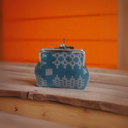 Teal Vintage style coin purse Welsh tapestry Blanket design