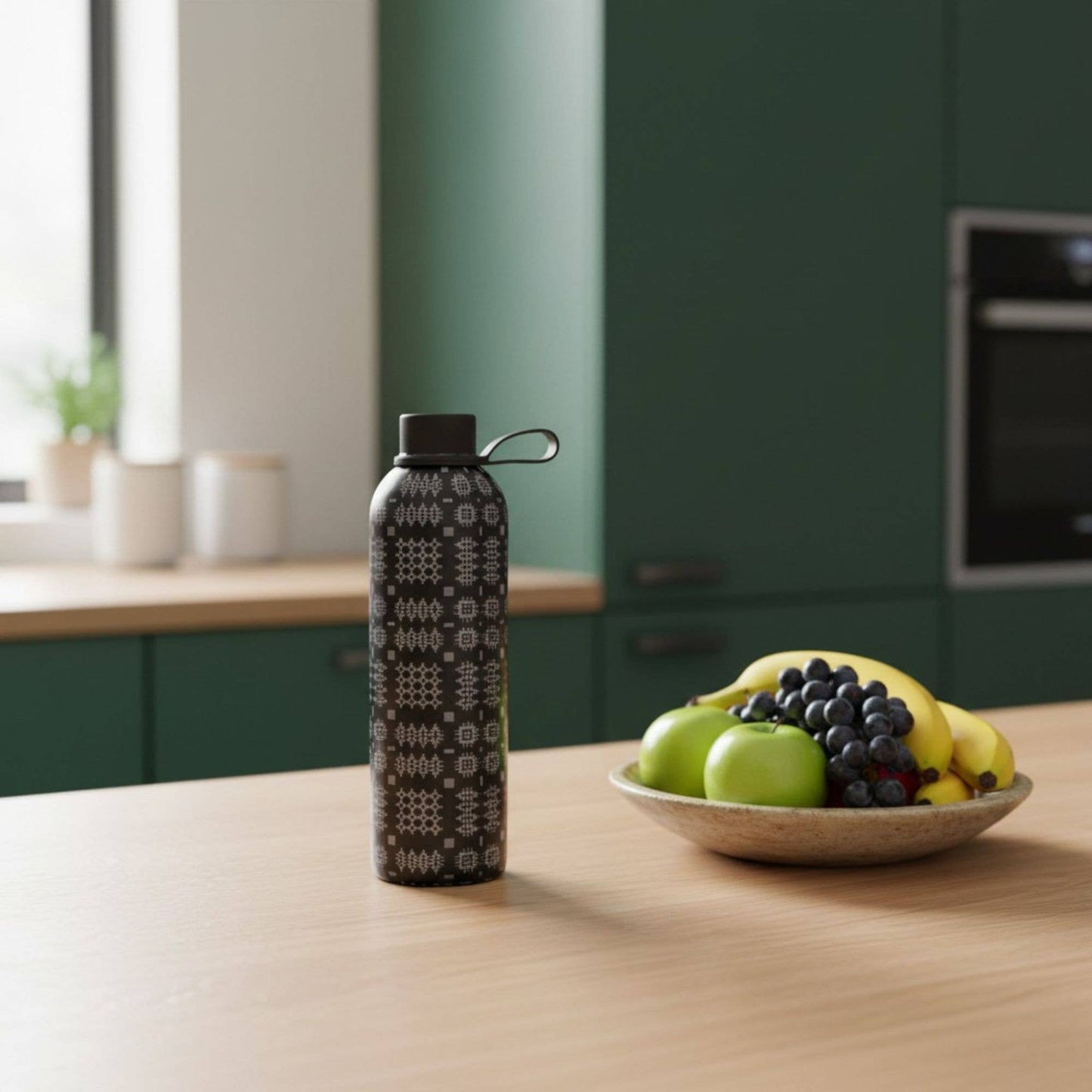 Insulated Water Bottle - Black and Grey Tapestry Design