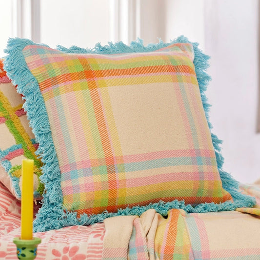 Check Fringed Cushion Cover