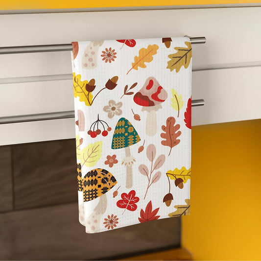 Waffle Tea Towel with a Toadstool/Autumn Design