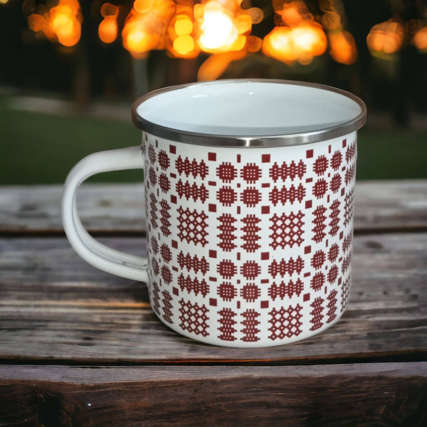 Enamel Mug with a Red Welsh Tapestry Blanket Design Print
