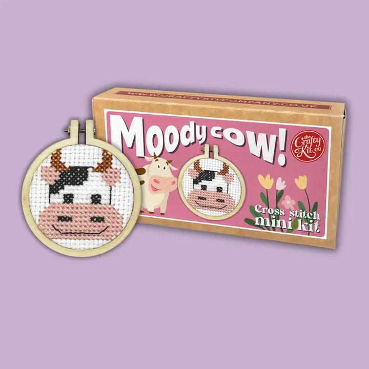 Moody Cow! Cross Stitch Mini Kit (with keyring)