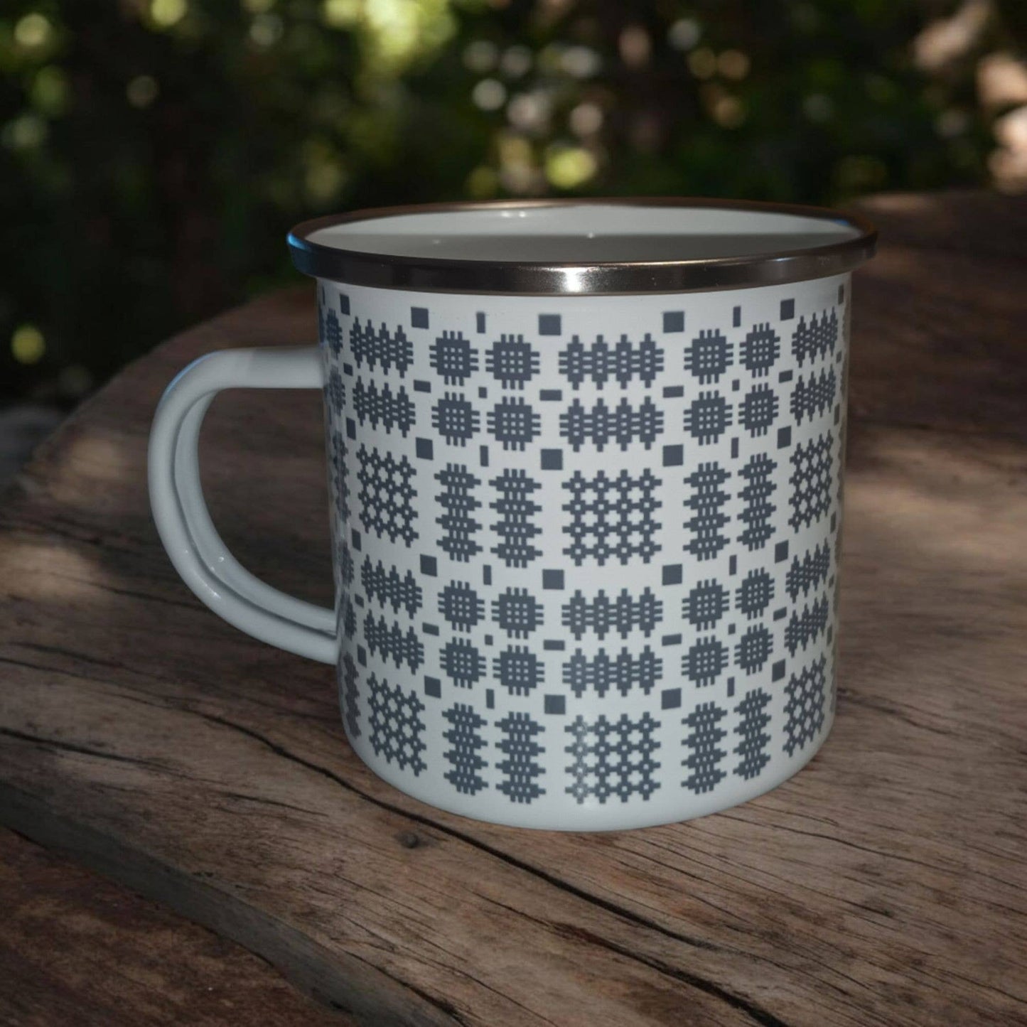 Enamel Mug with a Grey Welsh Tapestry Blanket Design