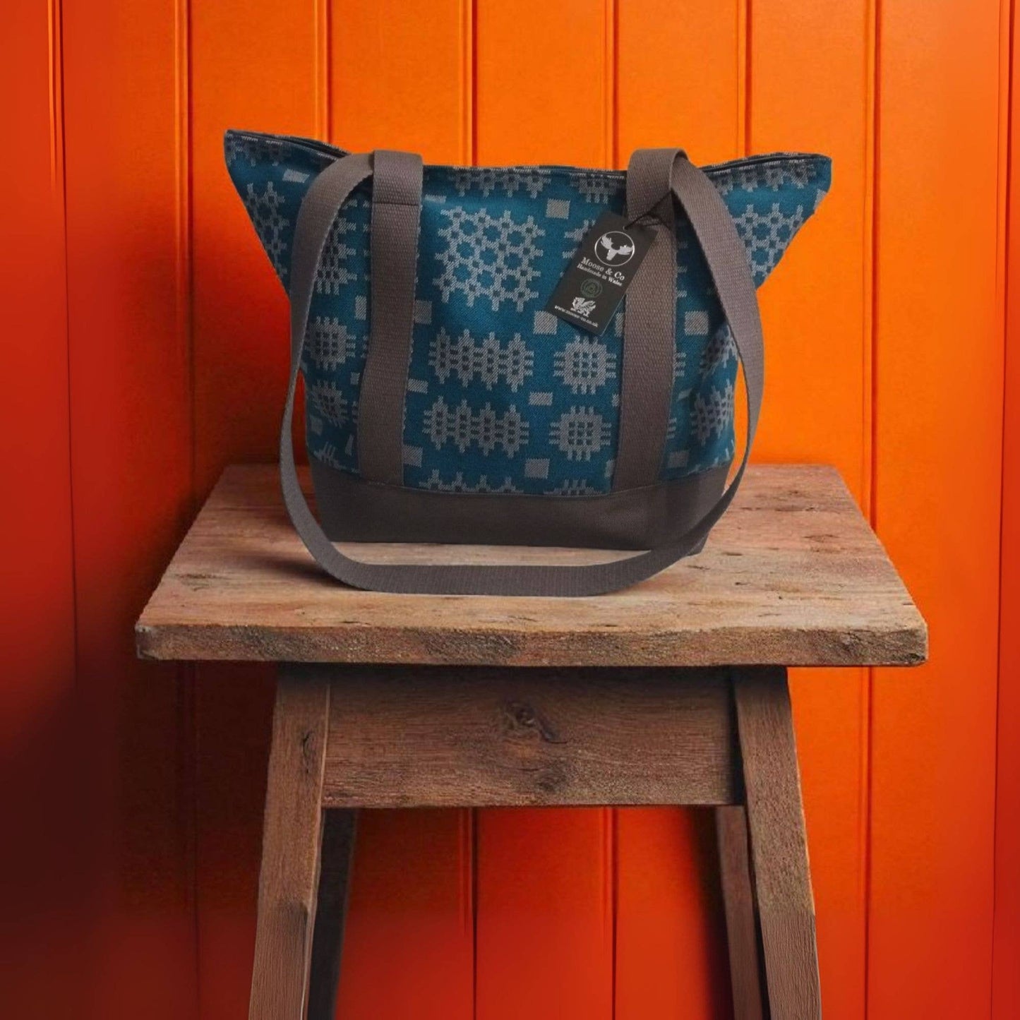 Teal Welsh tapestry blanket design Shoulder bags