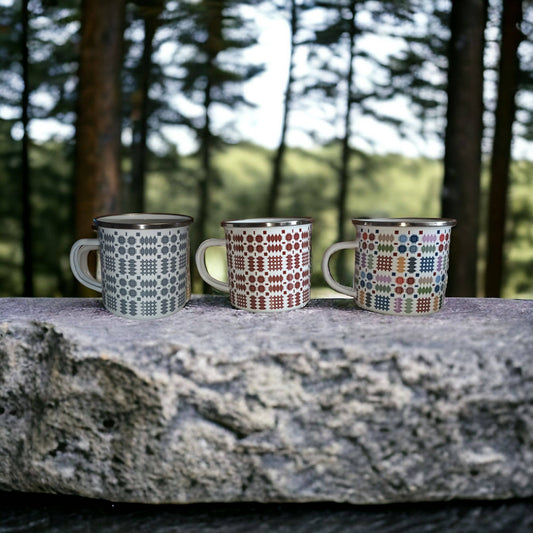 Enamel Mug with a Grey Welsh Tapestry Blanket Design