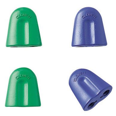 Two green and two blue rubber tools  with holes for circular needles to be slotted in.