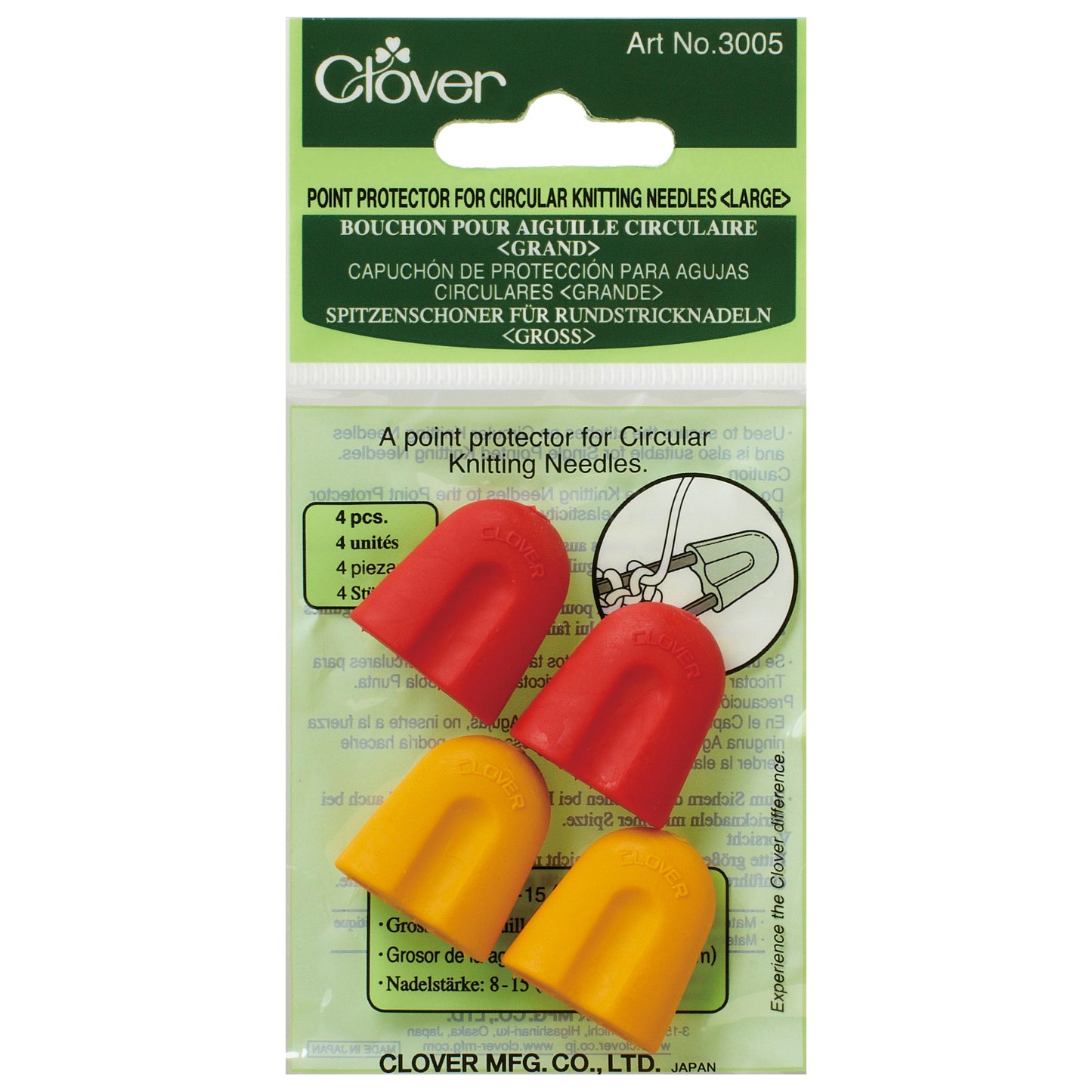 Clover point protector packaging with red and yellow protectors on a green background