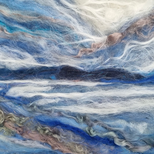 Close-up of blue, white, and brown fibers