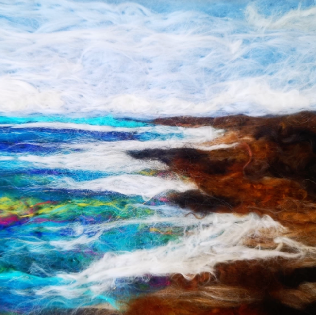 Artistic depiction of a coastal scene with waves and cliffs.