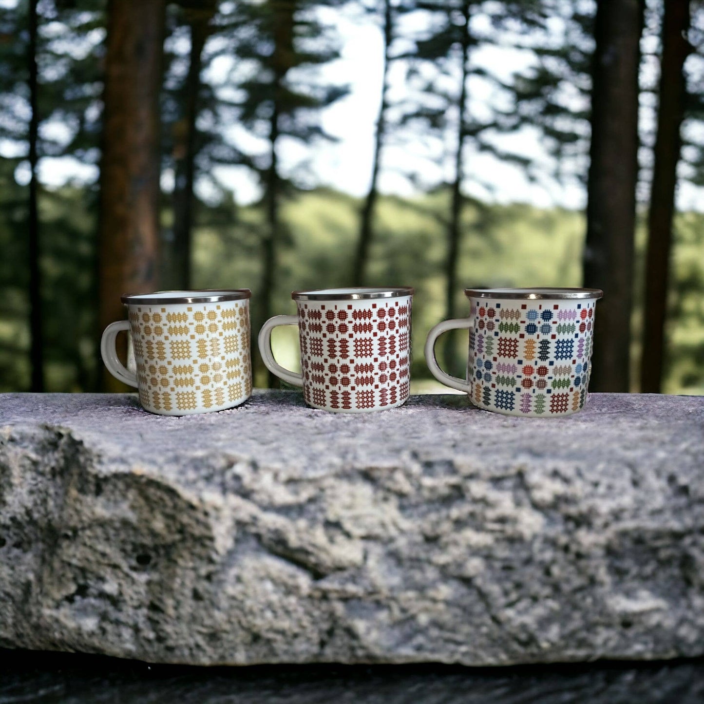 Enamel Mug with a Red Welsh Tapestry Blanket Design Print