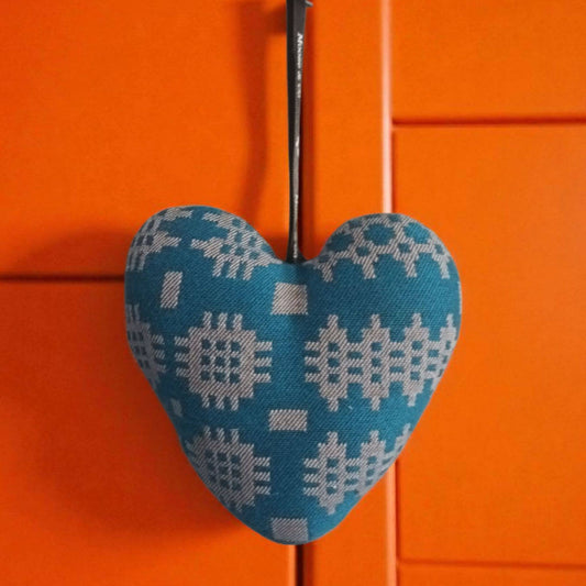 Teal Welsh tapestry Fabric heart Hanging decoration