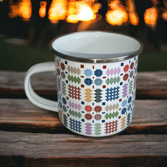 Multi coloured tapestry blanket design Enamel Camping  mug