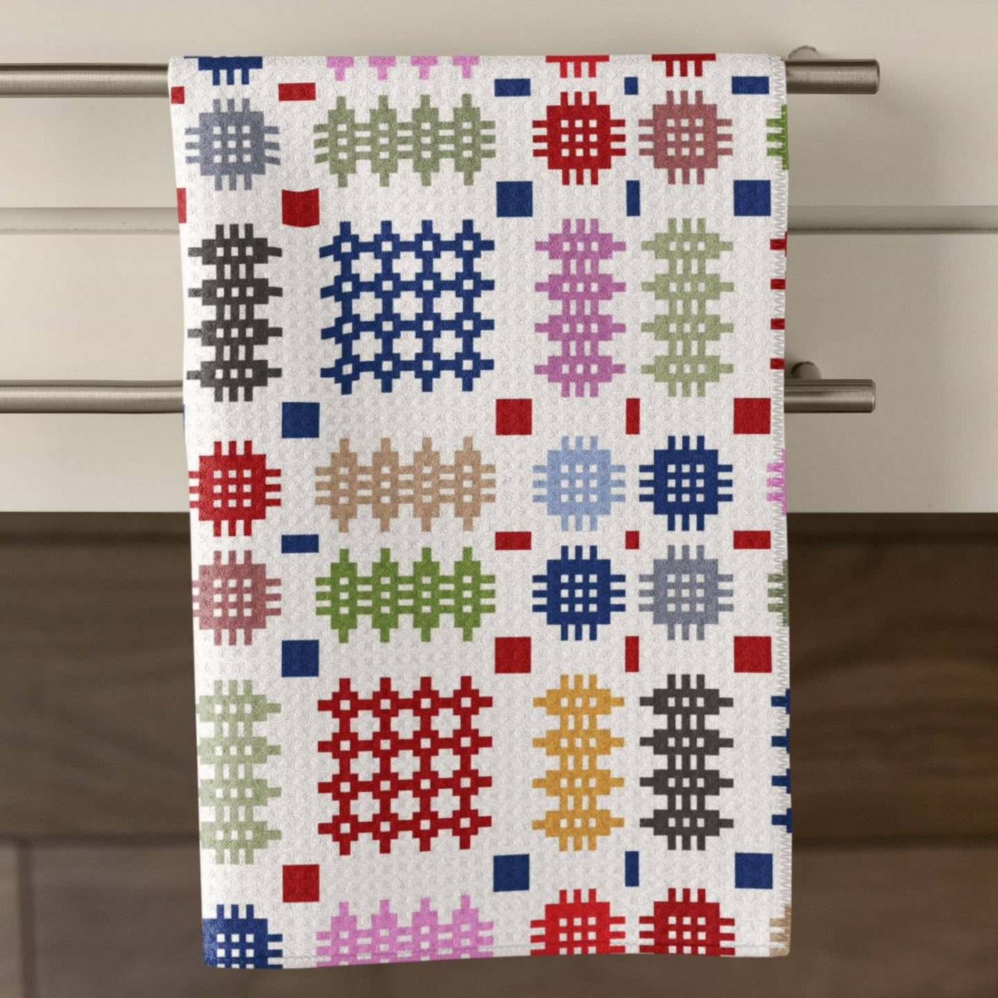 Waffle Tea Towel with a Multi Coloured Welsh Tapestry Design