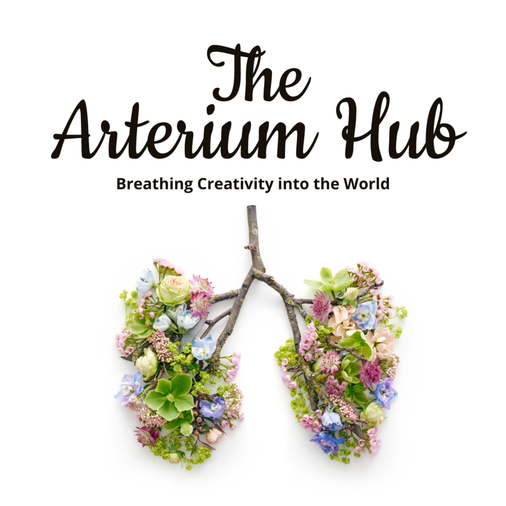 Text saying 'The Arterium Hub' and an image of lungs made with flowers and sticks